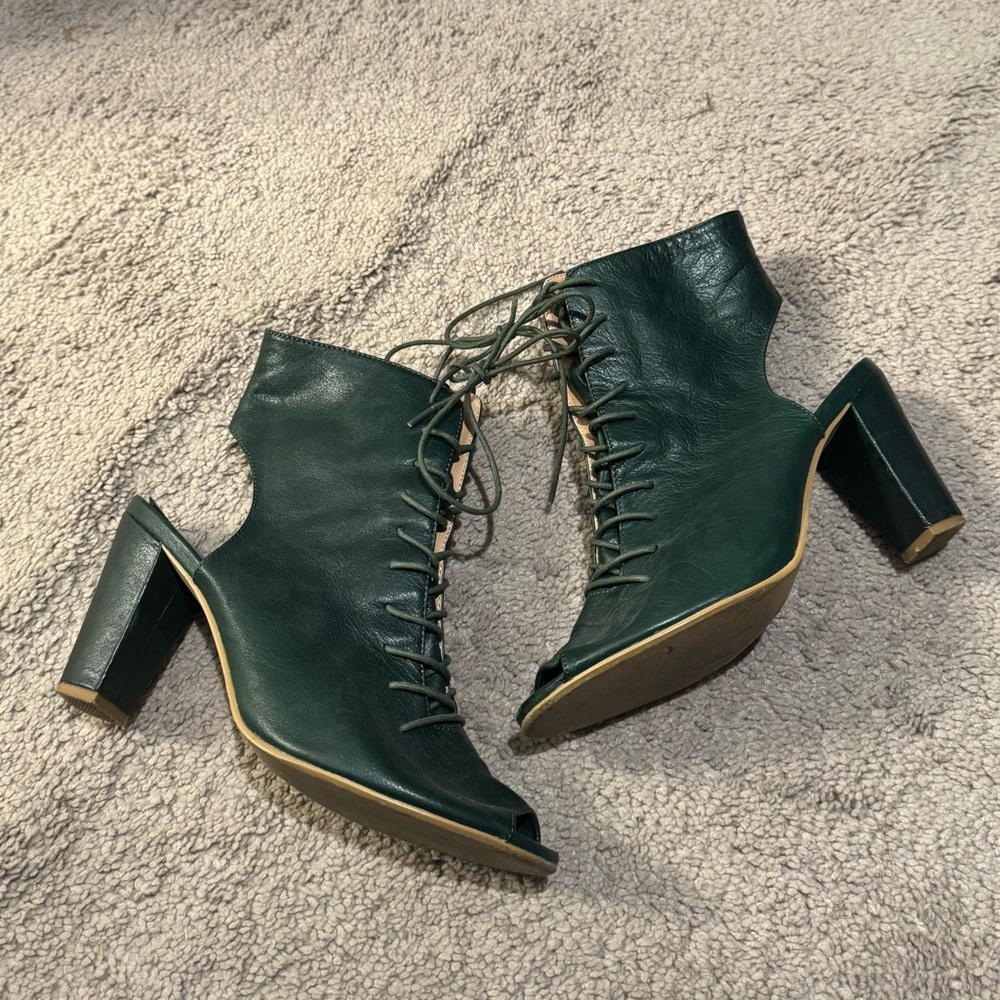 Marais Green Leather Lace Up Booties